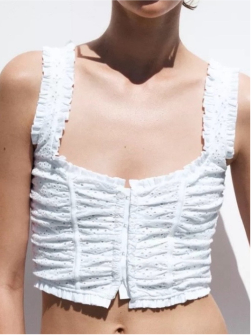 Zara White Eyelet Lace Ruched Ruffle Boho Corset Cotton Crop Top Size Small - Picture 3 of 15